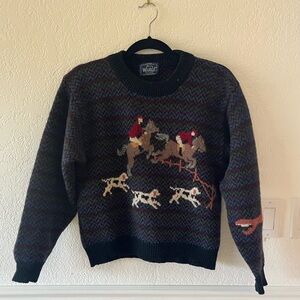 Vintage Woolrich Jewel Toned Knit Sweater with Fox Hunting Equestrian Motif